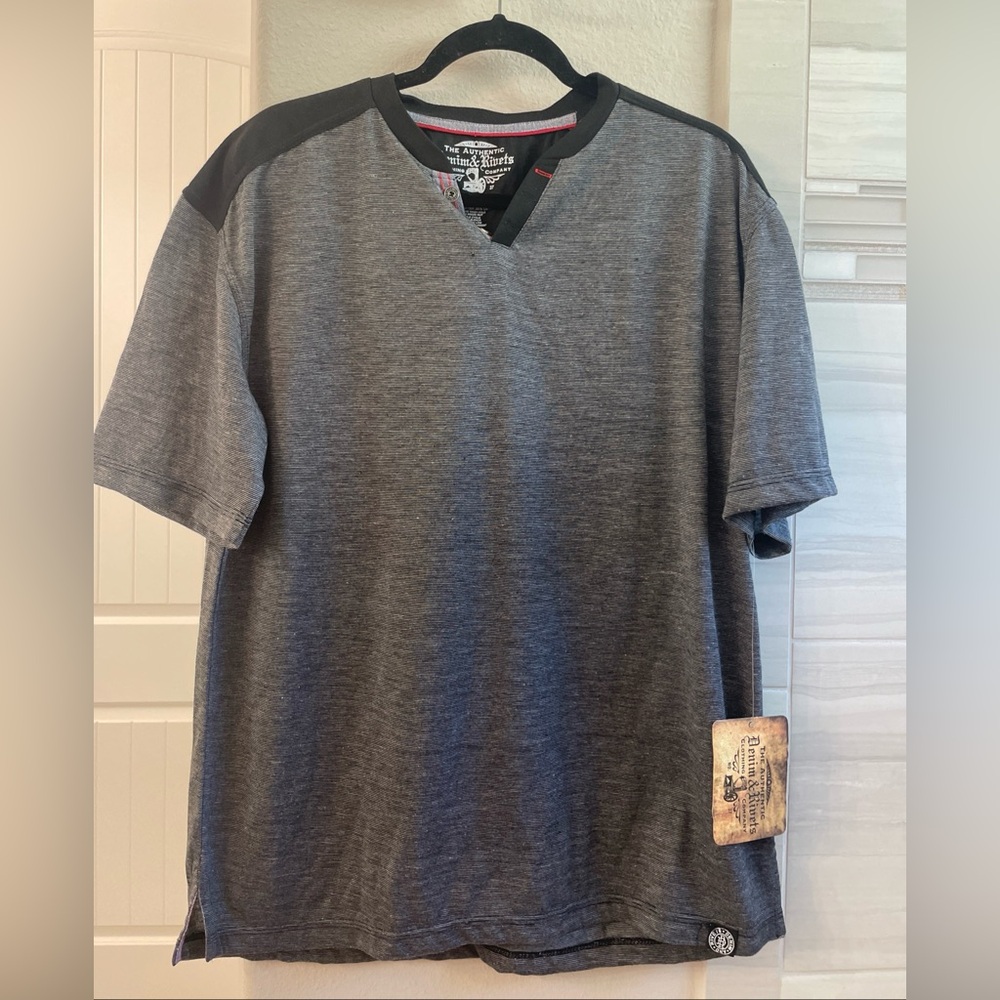 Denim & Rivets Men's XL Gray Strips Black Collar Polo Shirt